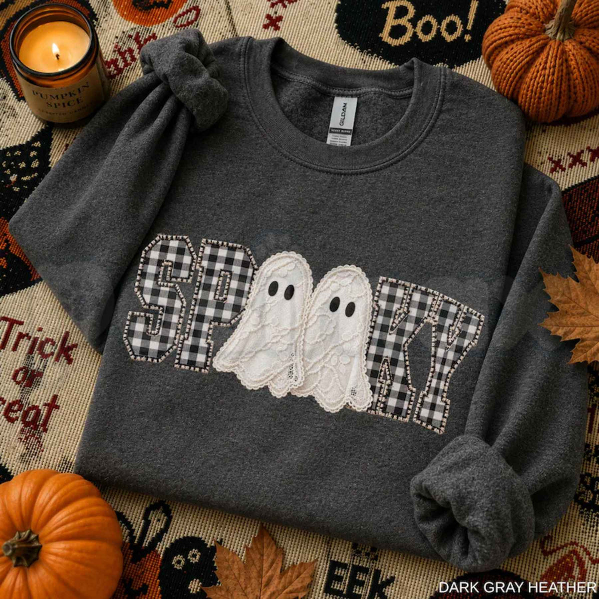 Faux Patchwork Spooky Ghost Sweatshirt | Cozy Halloween Graphic Top