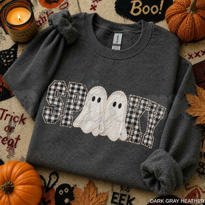 Faux Patchwork Spooky Ghost Sweatshirt | Cozy Halloween Graphic Top