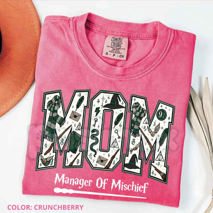 Comfort Colors® "Manager of Mischief" Mom T-Shirt – Magical Wizard Graphic Tee, Retro Spooky Season Parent Unisex Top