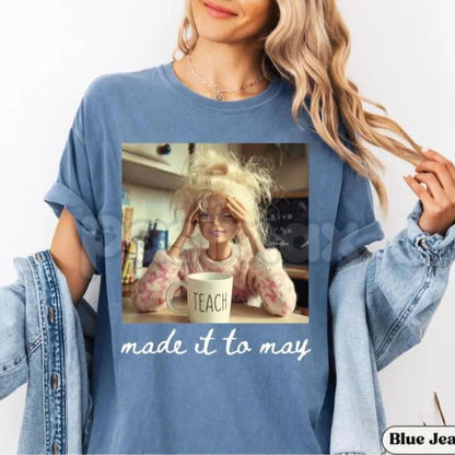 Comfort Colors® Last Day of School Teacher Doll Face T-Shirt – Funny "Made It To May" Meme Graphic Tee, Sarcastic Summer Break Educator Shirt