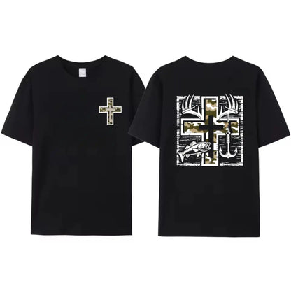 Faithful Outdoorsmen T-Shirt - Southern-Style Fishing & Hunting Tee, Camo Cross & Bass Apparel