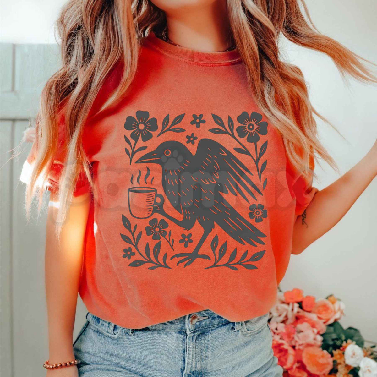 Comfort Colors® Raven Coffee Drinking Botanical Linocut T-Shirt – Gothic Nature Graphic Tee, Retro Block Print Unisex Top & Gift