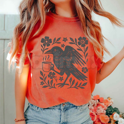 Comfort Colors® Raven Coffee Drinking Botanical Linocut T-Shirt – Gothic Nature Graphic Tee, Retro Block Print Unisex Top & Gift
