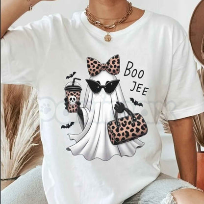 Boo-Jee Ghost T-Shirt – Funny Leopard Ghost Coffee Fall Unisex Cotton Graphic Tee