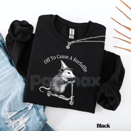 Off To Cause A Kerfuffle Sweatshirt | Funny Opossum Scooter Sweatshirt | Sarcastic Opossum Graphic Jumper | Chaos Energy Pullover | Whimsical Animal Meme Shirt | Weird Core Opossum Gift