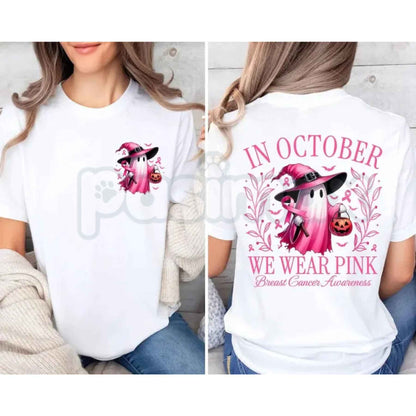 In October We Wear Pink Ghost T-Shirt – Breast Cancer Awareness Halloween Unisex Cotton Tee
