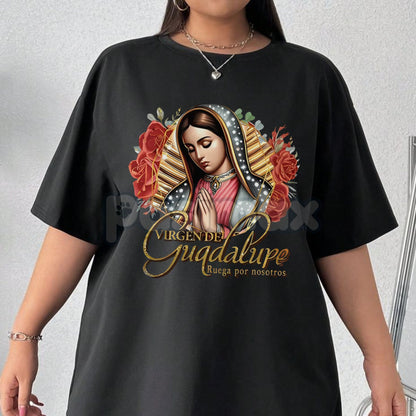 Our Lady of Guadalupe Cultural Heritage T-Shirt - Soft Women's Religious Icon Top, Spanish Text Floral Print, All-Season Casual Wear