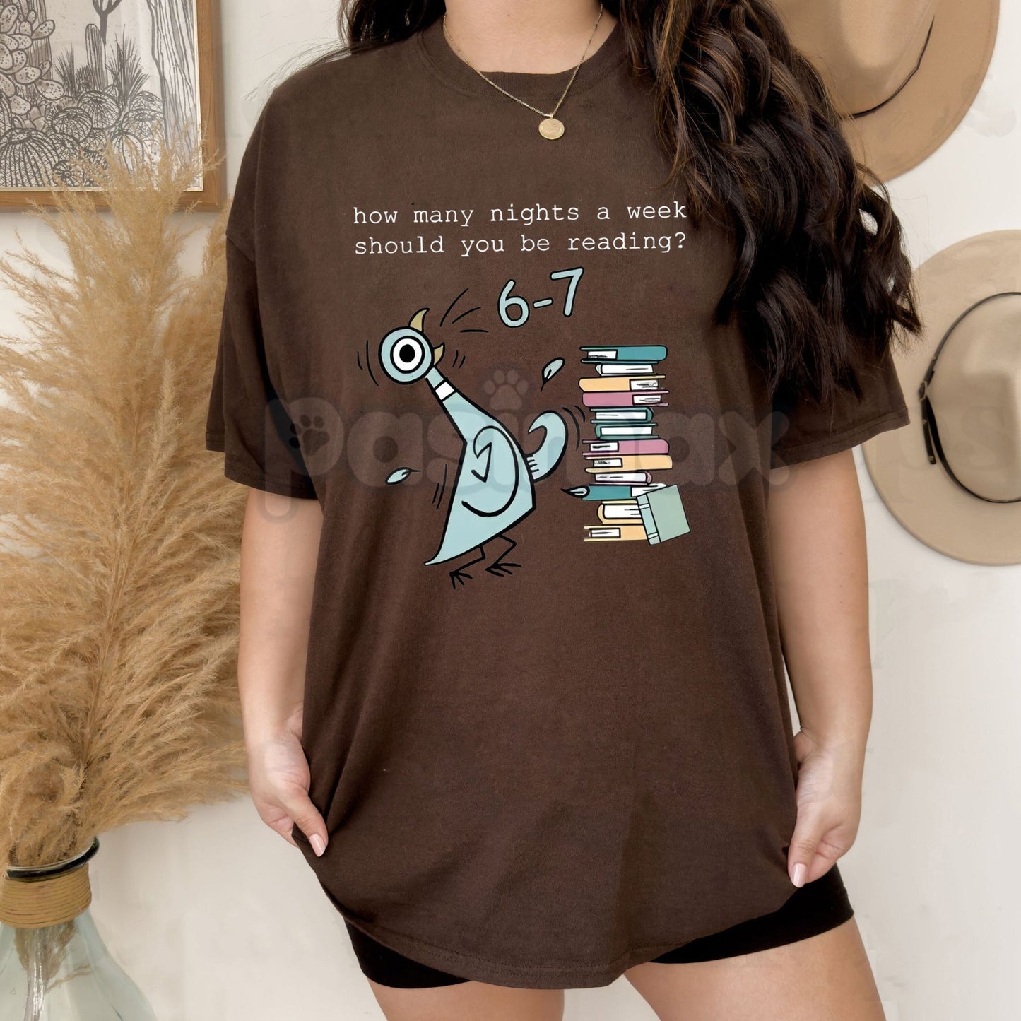 "How Many Nights A Week Should You Be Reading 6-7" Shirt - Pigeon Elephant Piggie Children's Books Tee, Funny Reading Slogan, Mo Willems Fan Gift