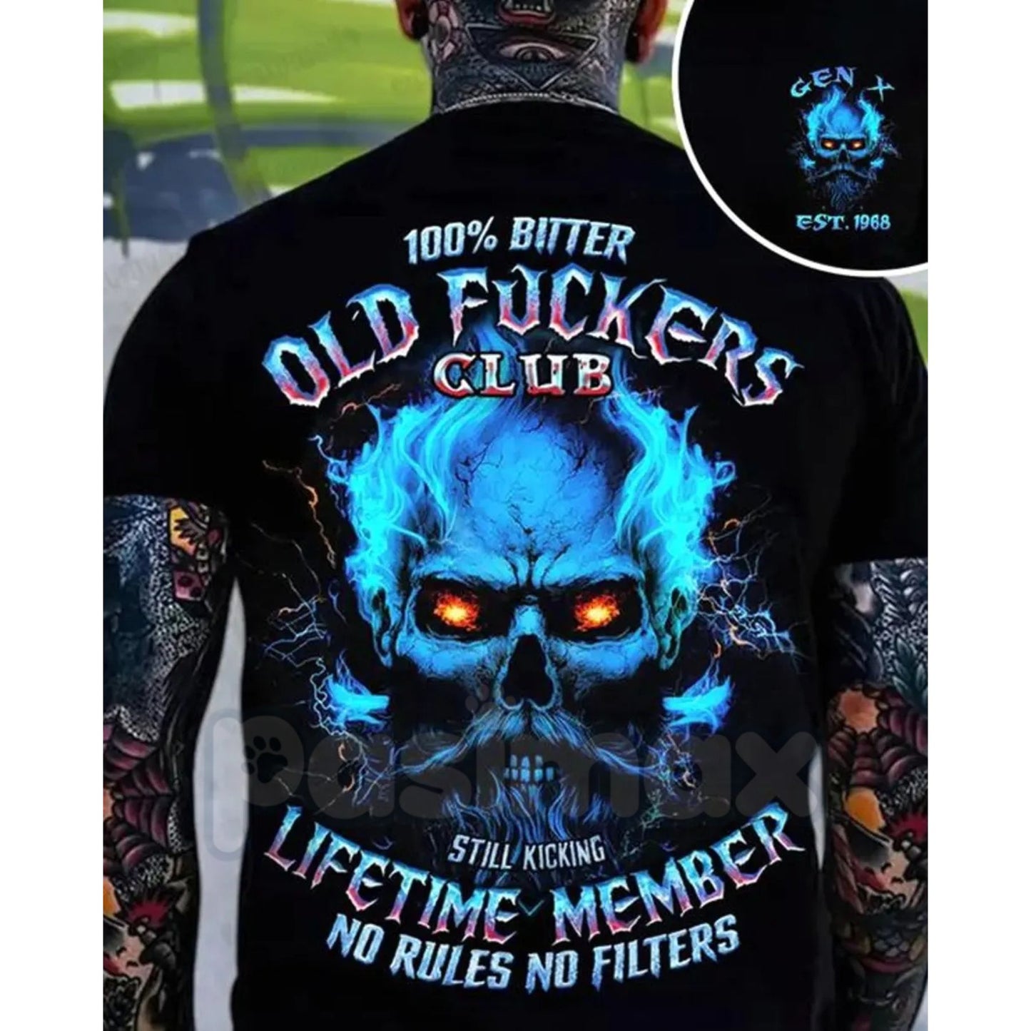 Crazymoda Generation X 100% Bitter Old F*ckers Club Custom Year Skull T-shirt - Rude Gen X Slogan Tee, Sarcastic Old Fart Humor Apparel, Custom Birth Year Gift