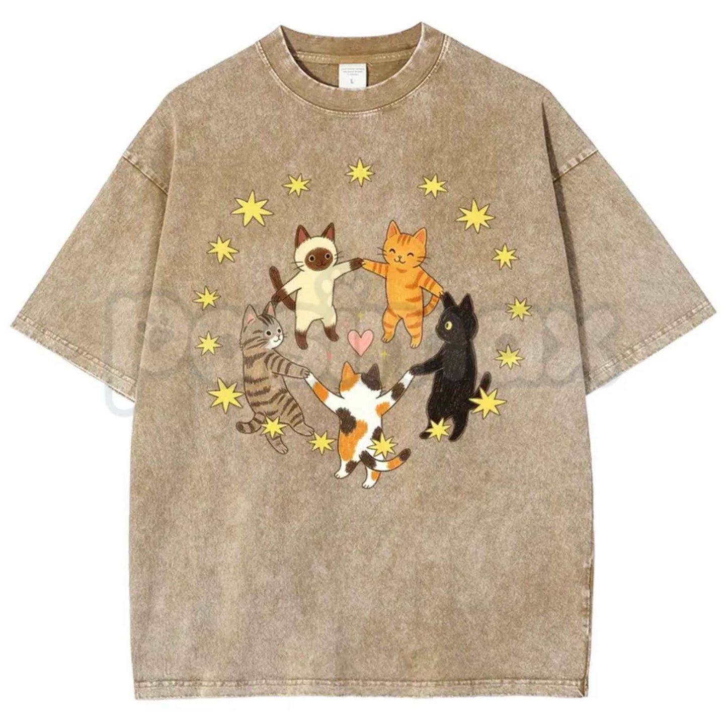 Five Holding Hands Circle Cats T-Shirt – Retro Wholesome Kitten Star Heart Graphic Tee, Vintage Washed Lightweight Cotton Unisex Top
