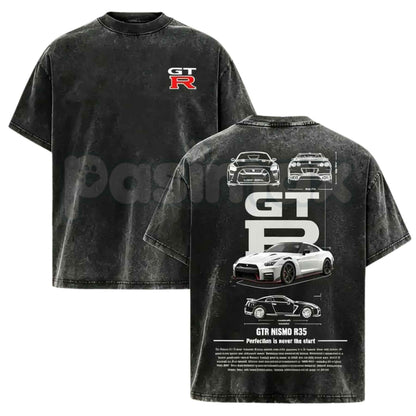 Vintage Washed GTR R35 Graphic T-Shirt – JDM Racing Culture Streetwear, Retro Nissan Sports Car Graphic Tee, Acid Washed Lightweight Cotton Unisex Top