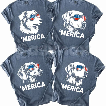 Comfort Colors® Patriotic Dog 4th of July T-Shirt – Funny "Merica" Golden Retriever & Australian Shepherd Shirt, Retro Independence Day Dog Lover Tee