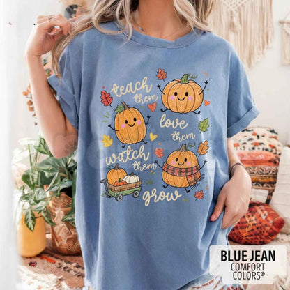 Comfort Colors® Fall Teacher T-Shirt – Retro Pumpkin "Teach Them" Graphic Tee, Autumn Educator Unisex Top & Gift