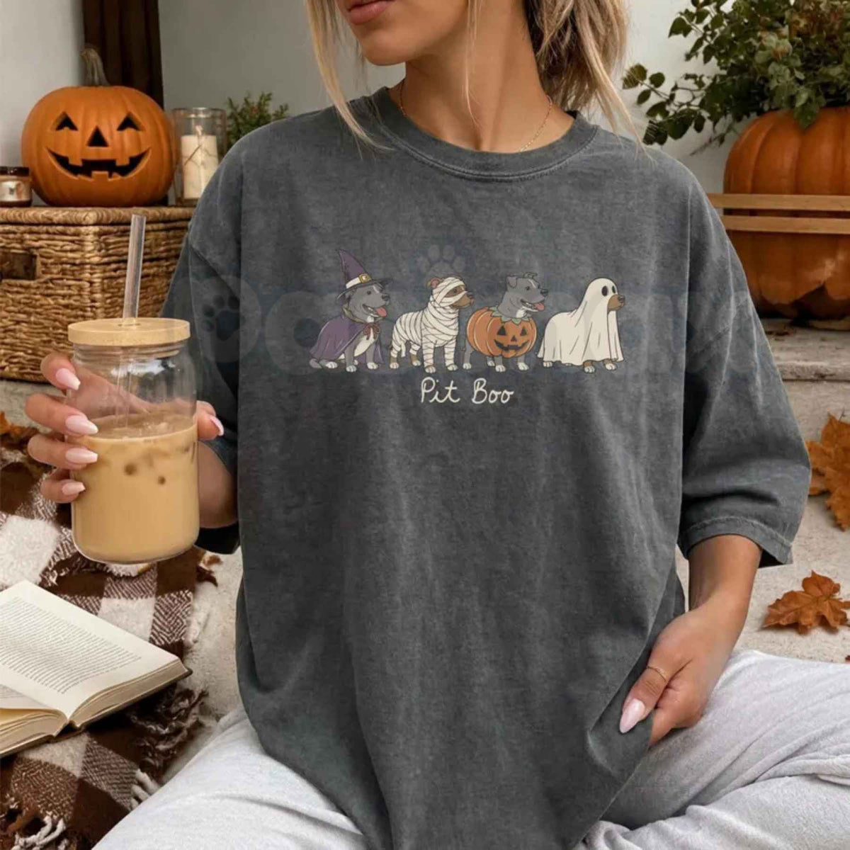 Comfort Colors® Halloween Pitbull T-Shirt – Spooky Ghost Dog Graphic Tee, Cute Pittie Pumpkin Unisex Top & Gift