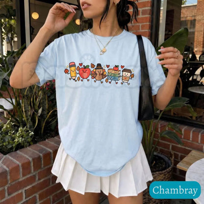 Comfort Colors® Thanksgiving Teacher T-Shirt – Funny Classroom Turkey Day Graphic Tee, Retro Autumn Doodle Educator Unisex Top & Gift