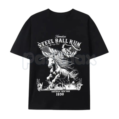 Steel Ball Run "SBR" Horse Racing American Flag T-Shirt – Retro Anime Manga Graphic Tee, Premium 100% Cotton JoJo Fan Top, Soft Lived-In Heavyweight Western Aesthetic Shirt, Made in USA