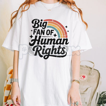 "Big Fan of Human Rights" Aesthetic Retro Shirt - Vintage 70s Rainbow Equality Tee, Minimalist Social Justice Graphic Top, Premium Heavyweight Ally Apparel, Kindness Statement T-Shirt, Retro Groovy Human Rights Gift