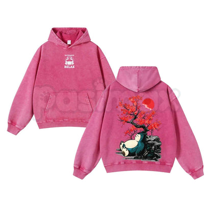 Japanese Red Plum Blossoms & Plump Beast Washed Hoodie – Ink-Wash Red Sun Graphic Pullover, Unisex Aesthetic Streetwear