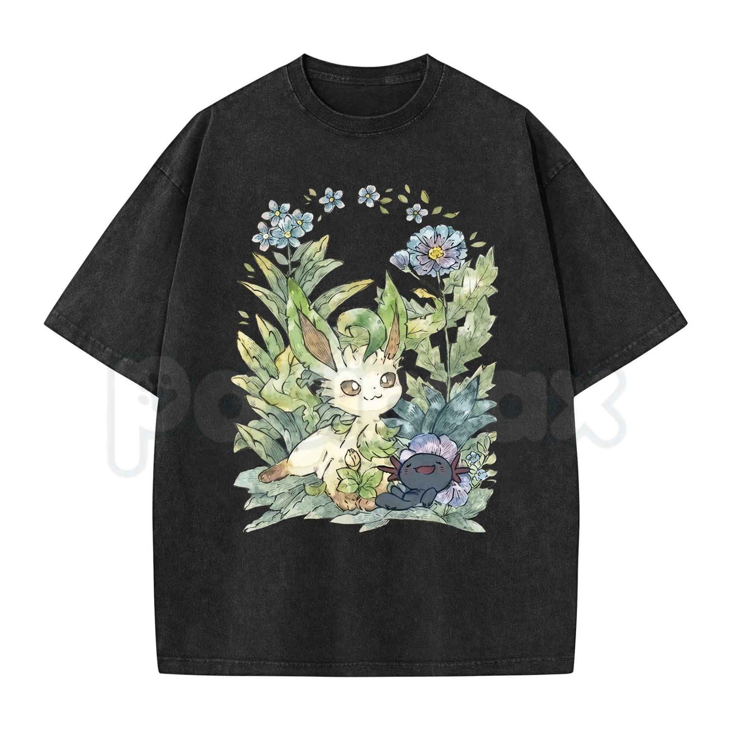 Leafeon & Wooper Garden Watercolor Floral Graphic T-Shirt – Retro Pokemon Cottagecore Botanical Tee, Vintage Washed Lightweight Cotton Unisex Top