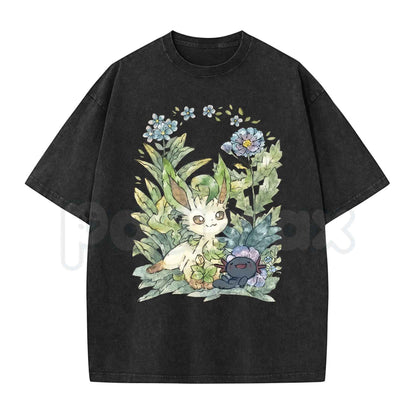 Leafeon & Wooper Garden Watercolor Floral Graphic T-Shirt – Retro Pokemon Cottagecore Botanical Tee, Vintage Washed Lightweight Cotton Unisex Top