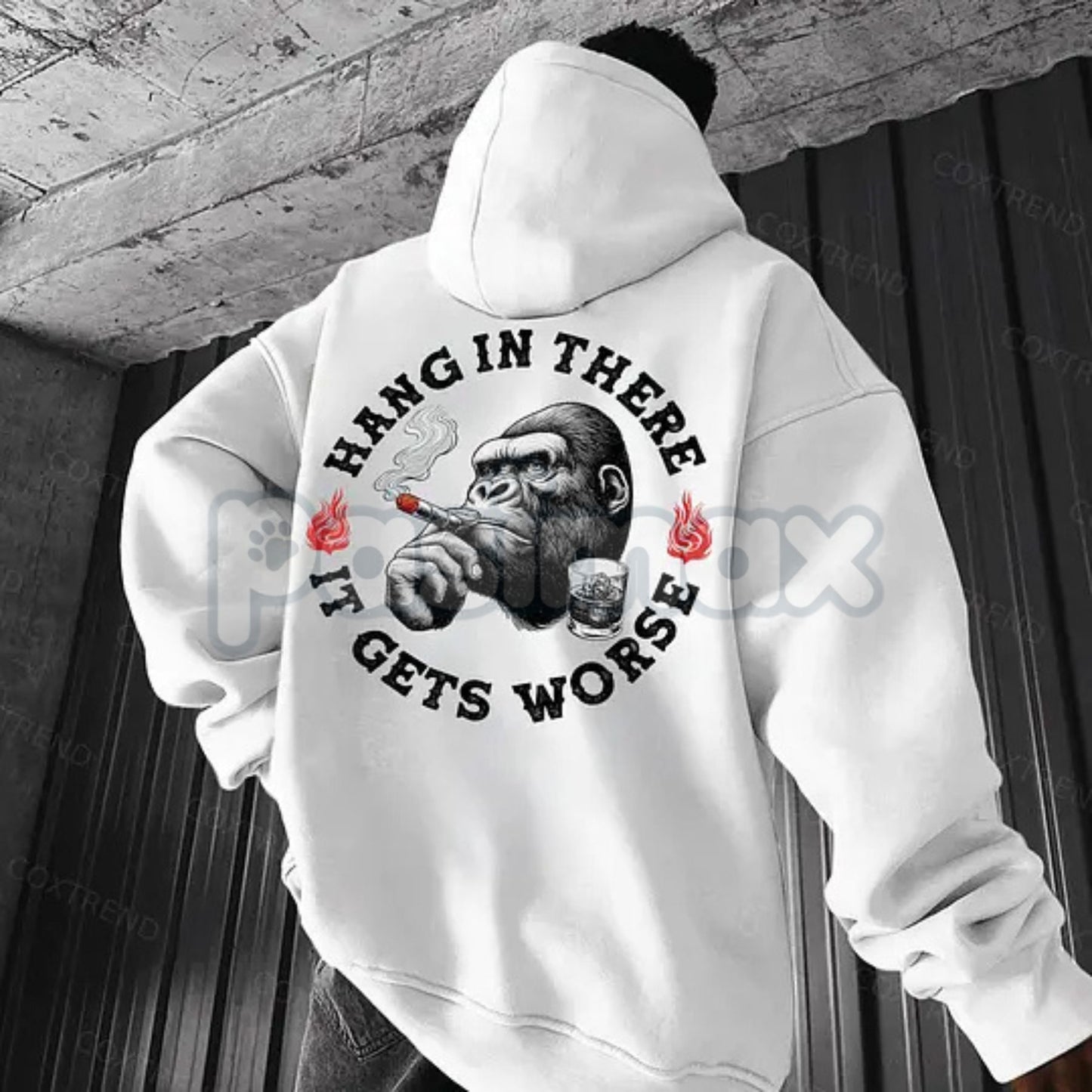 "Hang In There It Gets Worse" Monkey Hoodie – Sarcastic Nihilist Humor Pullover, Funny Nihilism Ape Graphic, Unisex