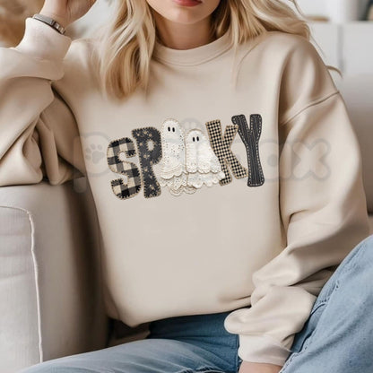 Coquette Lace Ghost Sweatshirt | Soft Spooky Bow & Patchwork Graphic Crewneck