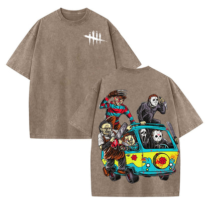 Halloween Scary Cartoon Character Print Dead By Daylight – Washed Tee, Cotton Menswear Top