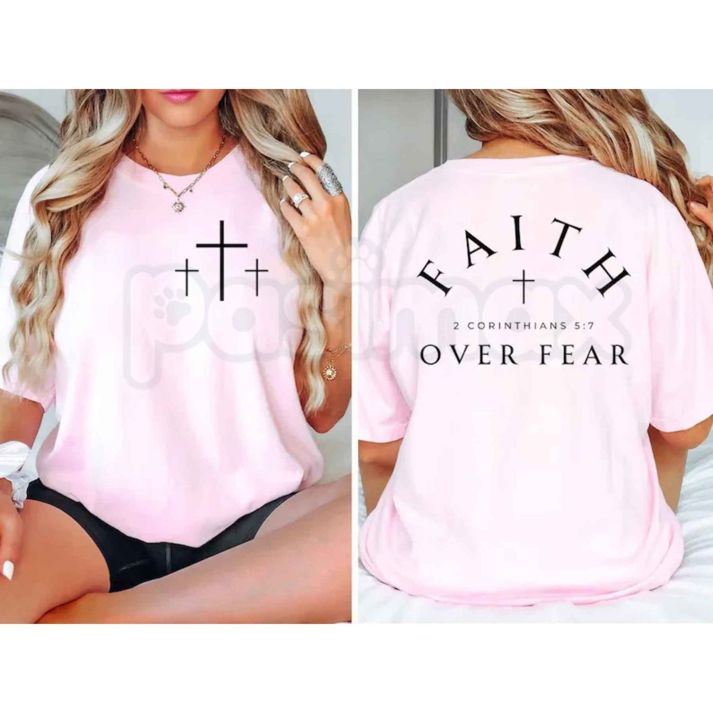 Pink Faith Over Fear 2 Corinthians 5:7 T-Shirt – Double-Sided Christian Cross Unisex Cotton Tee