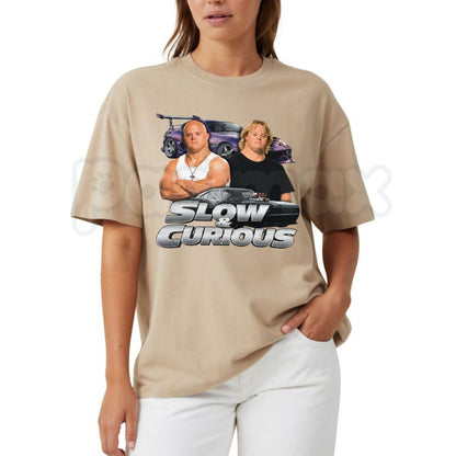 Slow & Curious Funny Parody Race Car Character Portrait Meme Graphic T-Shirt