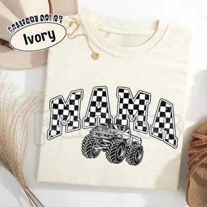 Comfort Colors® Monster Truck Mama T-Shirt – Oversized Checkered Mom Graphic Tee, Retro Racing Mama Shirt, Trendy Distressed Motherhood Gift
