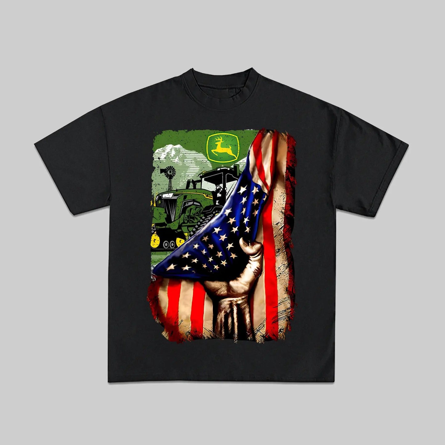 American Farm Pride T-Shirt - John Deere Tractor & US Flag Graphic, Outfit for Farmers