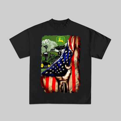 American Farm Pride T-Shirt - John Deere Tractor & US Flag Graphic, Outfit for Farmers