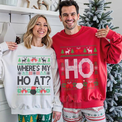 Funny Couples Christmas Sweatshirt Set | "Where's My Ho At?" Matching Shirt | Husband Wife Ugly Christmas Party Gear