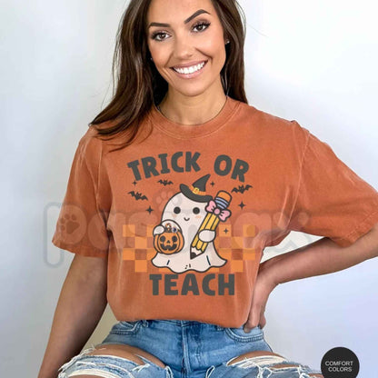 Comfort Colors® Retro Ghost Teacher Halloween T-Shirt – "Trick or Teach" Spooky Season Graphic Tee, Elementary Educator Unisex Top