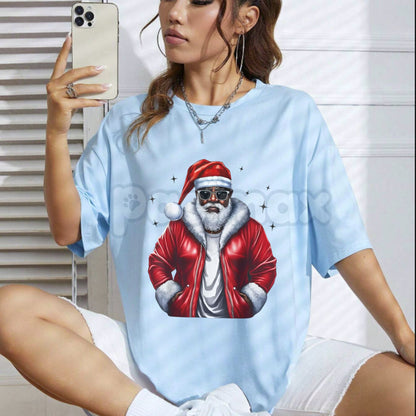 African American Santa Christmas Pajama-Style T-shirt - Black X-Mas Holiday Apparel, Inclusion Festive Tee, Unisex Family Photo Top