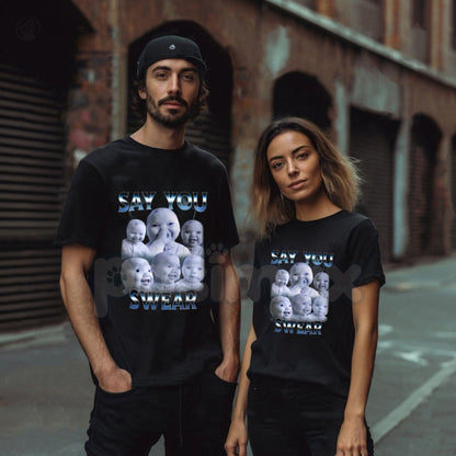 Niche Baby Holding Laugh Graphic T-Shirt - Ironic Surreal Meme Tee, Funny Aesthetic "Shitpost" Apparel, Trendy Weird Core Social Media Shirt