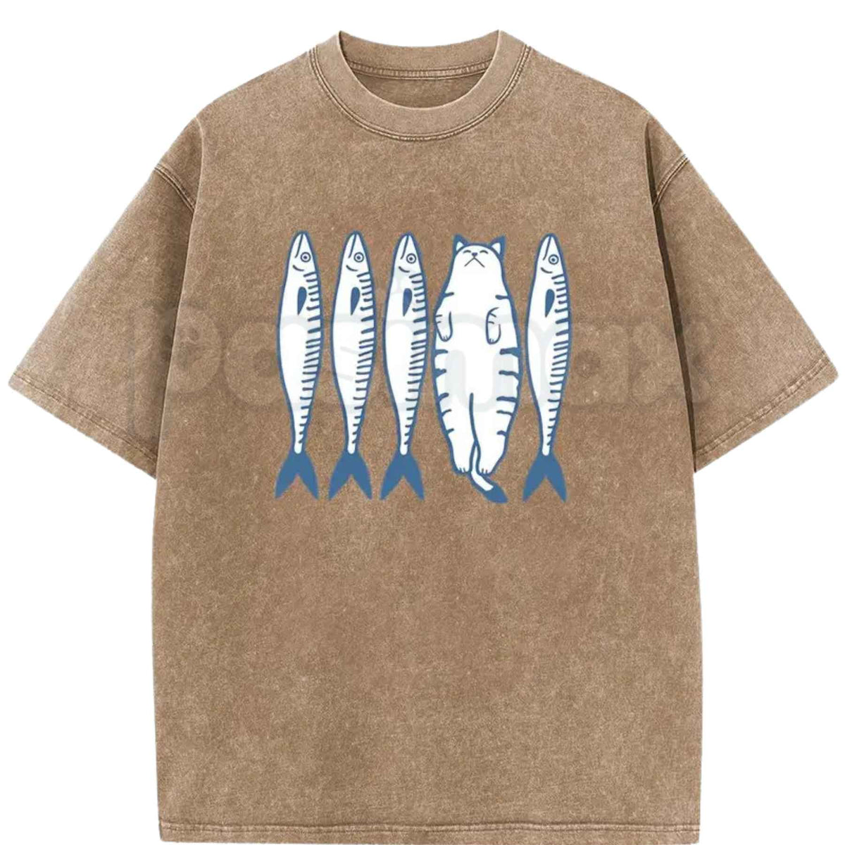 Cotton Acid Wash Short Sleeve Top Cat And Fish Cartoon Graphic T-Shirt – Retro Animal Illustration Tee, Vintage Washed Lightweight Cotton Unisex Streetwear Top