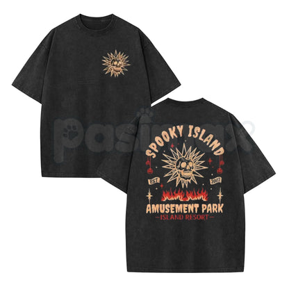 Spooky Island Acid Wash T-Shirt – Retro Y2K Mystery Amusement Park Graphic Tee, Vintage Mineral Wash Lightweight Cotton Unisex Streetwear Top