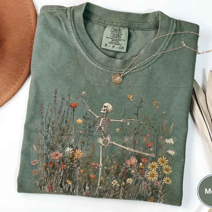 Comfort Colors® Skeleton Dancing Arabesque Wildflower Botanical T-Shirt – Cottagecore Nature Lover Illustrative Graphic Unisex Top
