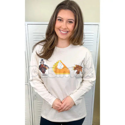 Thanksgiving Sparkle Boyfriend Long Sleeve T-Shirt - Oversized Holiday Glitter Tee, Festive Turkey Day Comfort Top, Unisex Autumn Graphic