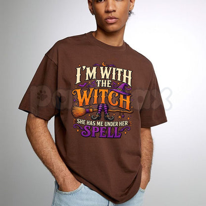 I'm With The Witch T-Shirt – Funny Halloween Broomstick Couples Costume Graphic Tee