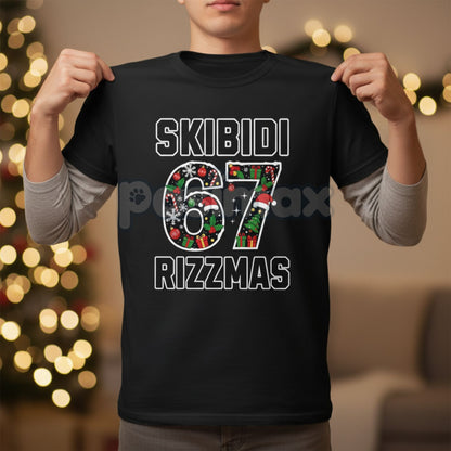 Skibidi Rizzmas 67 Viral T-Shirt - Gen Alpha Internet Slang Tee, Absurd Christmas Party Meme, Unisex Holiday Humor