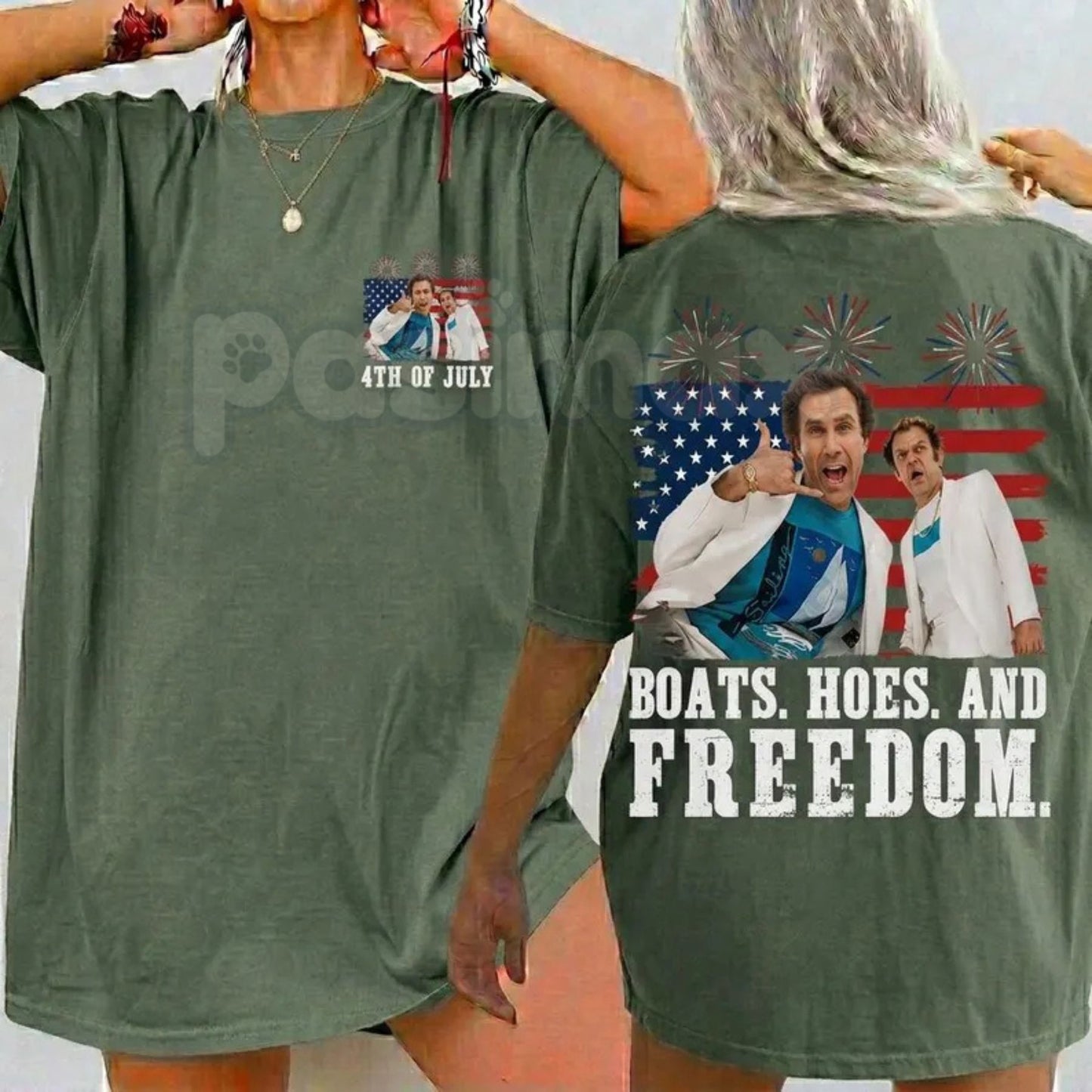 "Boats Hoes and Freedom" 2-Sided T-Shirt – Funny Prestige Worldwide 4th of July Step Brothers Graphic Tee