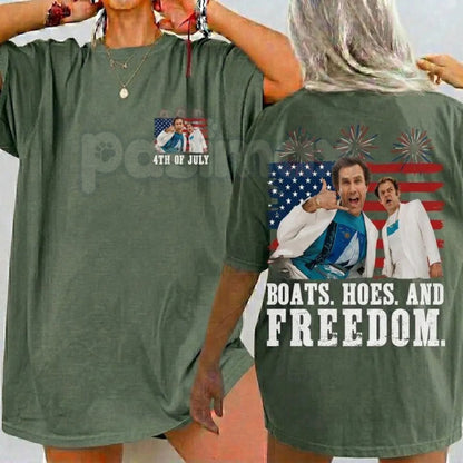 "Boats Hoes and Freedom" 2-Sided T-Shirt – Funny Prestige Worldwide 4th of July Step Brothers Graphic Tee