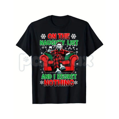 Horror Christmas "The Cut" Naughty List T-Shirt - Men's Dark Irony Holiday Tee, Red Armchair Killer Vibe Design, Xmas Slasher Apparel