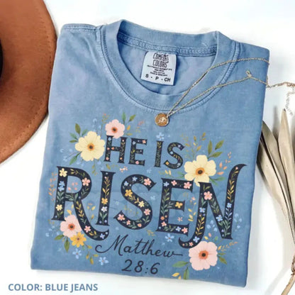 Comfort Colors® Retro "He Is Risen" Sun & Wildflower T-Shirt – Minimalist Christian Easter Tee, Aesthetic Spring Faith Shirt, Cute Jesus Flower Gift for Her