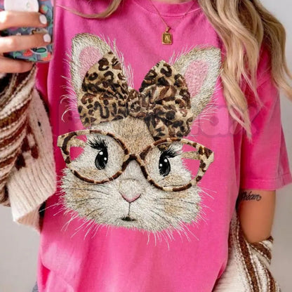 Comfort Colors® Retro Checkered & Leopard Easter Bunny T-Shirt – Trendy Mixed Print Easter Shirt, Aesthetic Spring Bunny Graphic Tee, Preppy Boho Easter Top