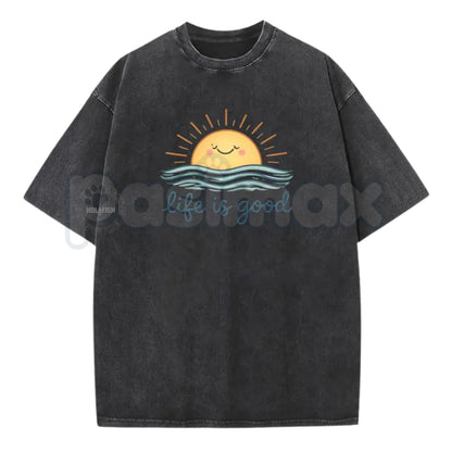 Life is Good Vintage Washed T-Shirt – Retro Crew Neck Graphic Tee, Positive Vibes Lightweight Cotton Top, Sincere Inspirational Streetwear