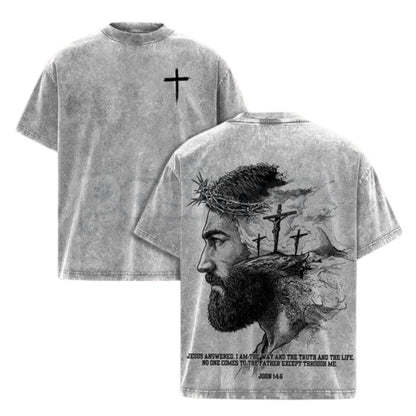 Jesus Christ John 14:6 Bible Verse T-Shirt – Double-Sided Christian Graphic Tee, Vintage Washed Lightweight Cotton Faith Streetwear