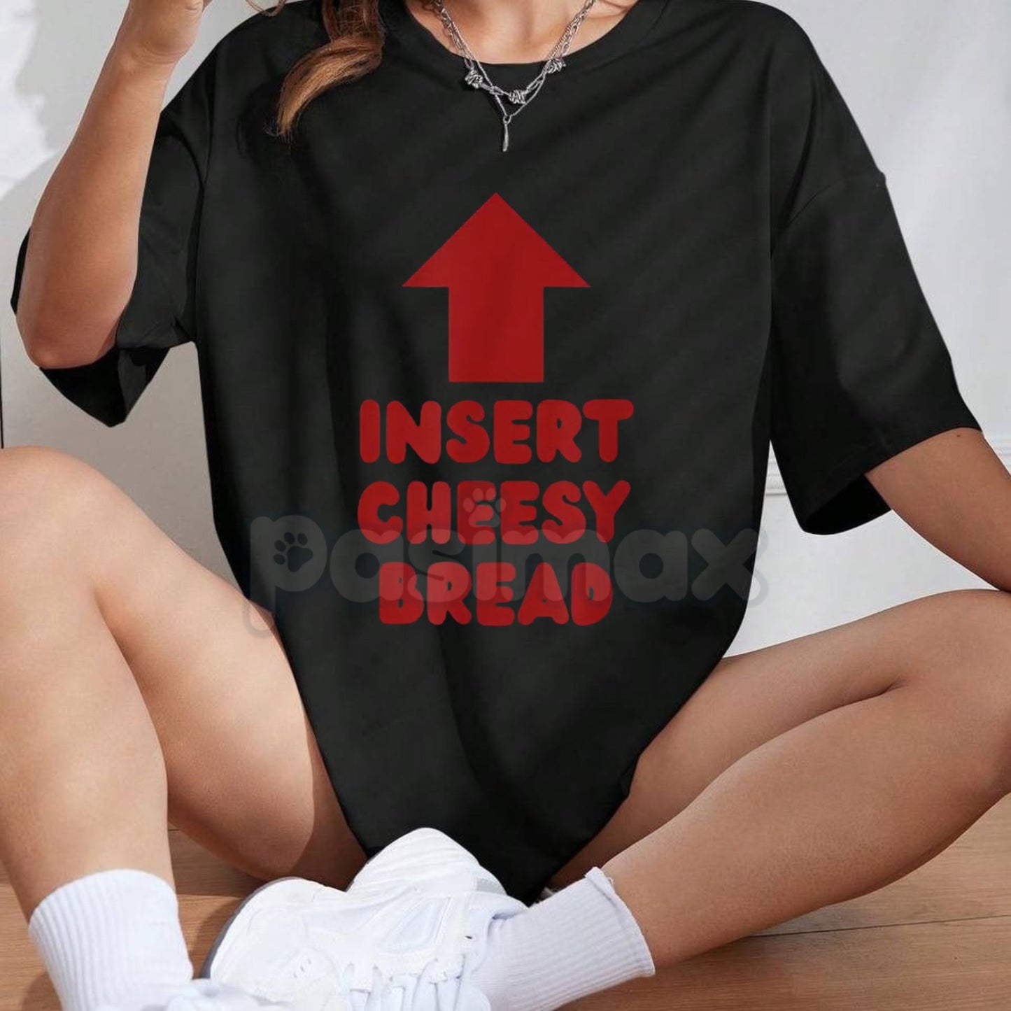 "Insert Cheesy Bread" Pointing Arrow T-Shirt - Funny Foodie Graphic Tee, Cheese Lover Humor Shirt, Gag Gift for Pizza Enthusiasts & Carb Lovers